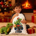 Personalized Santa Hat Dinosaur Truck Canvas Drawstring Gift Bag with Name Christmas Party Favors for Kids Students