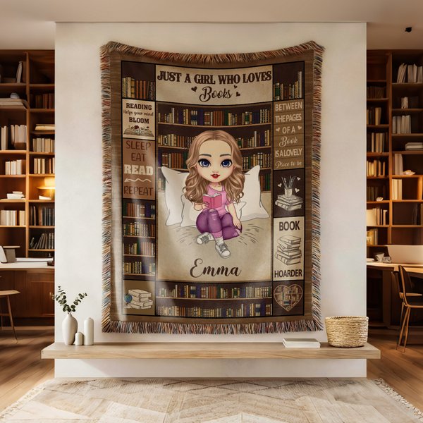 Personalised Cartoon Reading Character Retro Tassel Soft Throw Blanket with Name Home Decor Reading Birthday Gift for Book Lovers Bookworms