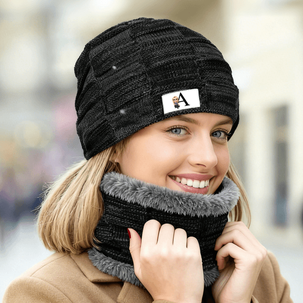 Personalized Cartoon Character Knitted Slouchy Beanie Hat and Neck Warmer Set with Initial Outdoor Activity Accessory Birthday Gift for Men Women