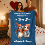 Spersonalizowany miękki koc z imieniem i tekstem I Love You Penguin Heart Home Decor Walentynkowy prezent rocznicowy dla ukochanej osoby
