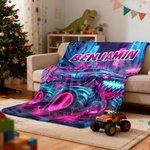 Personalised Monster Neon Lorry Soft Throw Blanket with Name Home Decor Birthday Gift for Boys Lorry Lovers