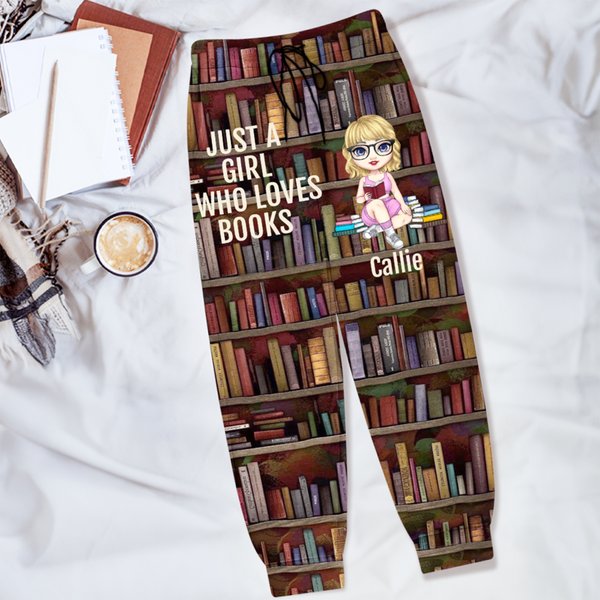 Personlig tegneserie lesende karakter bibliotek bok design sports joggebukse med navn og sitat bursdag jubileumsgave for lesere bokorm