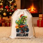 Personalized Santa Hat Dinosaur Truck Canvas Drawstring Gift Bag with Name Christmas Party Favors for Kids Students