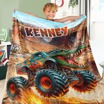 Personalized Monster Cheetah Lion Dinosaur Truck Soft Throw Blanket with Name Birthday Gift for Boys Kids Babies Truck Lovers