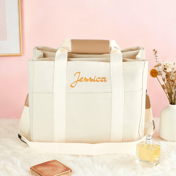 Gepersonaliseerde geborduurde naam Multi-Pocket Canvas boodschappentas met schouderriem Dagelijks gebruik Verjaardagscadeau voor vrouwen