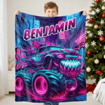 Personalised Monster Neon Lorry Soft Throw Blanket with Name Home Decor Birthday Gift for Boys Lorry Lovers