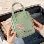 Personalized Birth Flower Name Portable PU Leather Makeup Bag with Handle and Multiple Compartments Travel Accessories Birthday Gift for Women Girls
