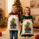 Personalized Santa Hat Dinosaur Truck Canvas Drawstring Gift Bag with Name Christmas Party Favors for Kids Students