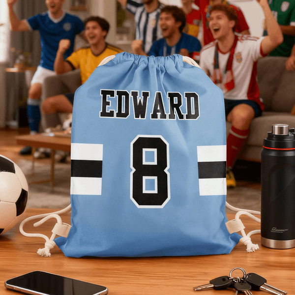 Personalised Multicolour Sports Theme Drawstring Beach Backpack String Bag with Name and Number Outdoor Activities Birthday Gift for Sports Lovers