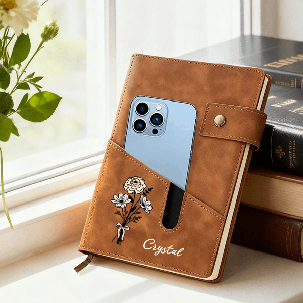 Personalised Birth Flower Name PU Leather A5 Notebook with Storage Pocket and Lined Pages Daily Essentials Birthday Gift for Friend Family