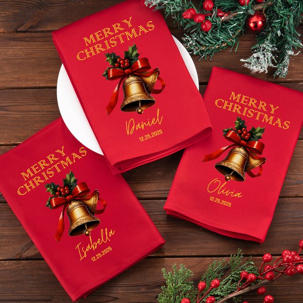 Personalized Merry Christmas Bell 100% Cotton Red Christmas Napkin with Name and Date Table Decor Christmas Gift for Family Friends