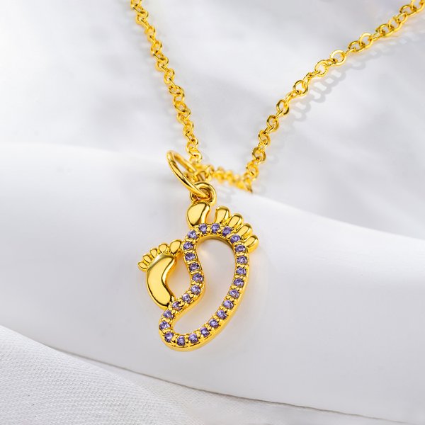 Personalised Dainty Baby and Mom Footprints Necklace with Birthstone Birthday Baby Shower Gift for New Mom