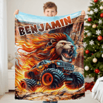 Personalized Monster Cheetah Lion Dinosaur Truck Soft Throw Blanket with Name Birthday Gift for Boys Kids Babies Truck Lovers