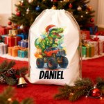 Personalized Santa Hat Dinosaur Truck Canvas Drawstring Gift Bag with Name Christmas Party Favors for Kids Students