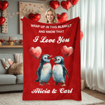 Spersonalizowany miękki koc z imieniem i tekstem I Love You Penguin Heart Home Decor Walentynkowy prezent rocznicowy dla ukochanej osoby