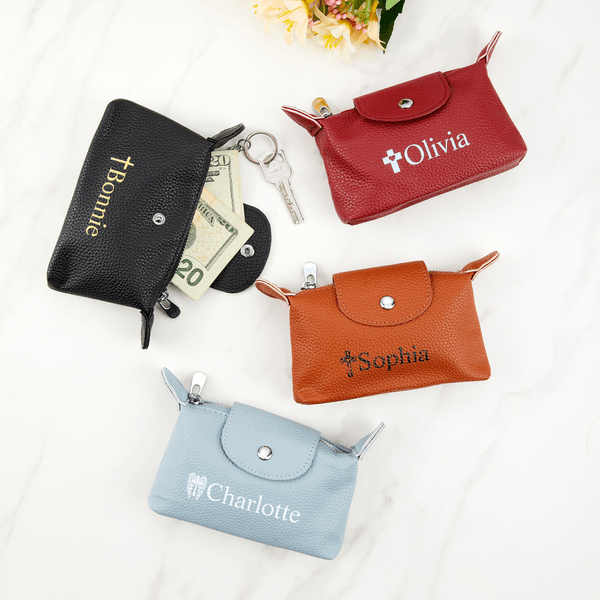 Henkilökohtainen Cross Portable PU Nahka kolikko lompakko Cash Pouch teksti ja avainrengas Bridal Shower Kaste Syntymäpäivä lahja kristityille