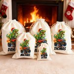 Personalized Santa Hat Dinosaur Truck Canvas Drawstring Gift Bag with Name Christmas Party Favors for Kids Students