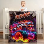 Personalised Monster Neon Lorry Soft Throw Blanket with Name Home Decor Birthday Gift for Boys Lorry Lovers
