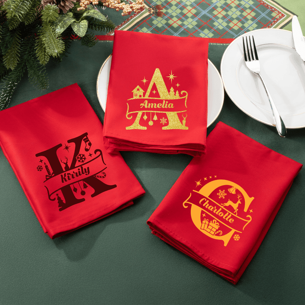 Personalized Christmas Theme Initial 100% Cotton Red Christmas Napkin with Name Table Decor Christmas Gift for Family Friends