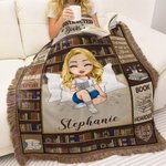 Personalised Cartoon Reading Character Retro Tassel Soft Throw Blanket with Name Home Decor Reading Birthday Gift for Book Lovers Bookworms