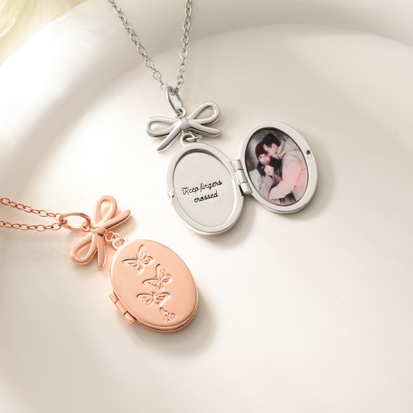 Personalised Vintage Oval Butterfly Photo Necklace with Bow Charm and Engraved Text Memorial Jewellery Birthday Anniversary Gift for  Women