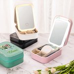 Personalised Retro Gemstone Birth Flower PU Leather Jewellery Box with Name and Adjustable Three-Colour LED Mirror Birthday Gift for Women
