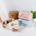 Personalized Birthstone and Flower Wide Opening PU Leather Makeup Bag with Name Travel Essentials Birthday Anniversary Gift for Women