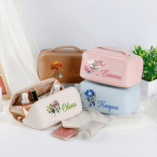 Personalized Birthstone and Flower Wide Opening PU Leather Makeup Bag with Name Travel Essentials Birthday Anniversary Gift for Women