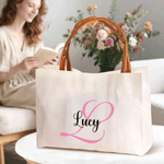 Personalized Initial Name Canvas Tote Bag with PU Leather Handle Birthday Mother's Day Gift for Women Girls
