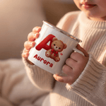 Personalised Cute Romantic Heart Cartoon Bear Initial 12 oz Enamel Mug with Name Home Decor Valentine's Day Birthday Gift for Kids Family