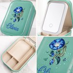 Personalised Retro Gemstone Birth Flower PU Leather Jewellery Box with Name and Adjustable Three-Colour LED Mirror Birthday Gift for Women