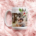 Personalized Christmas Wreath Red Berries 11 oz 15 oz Photo Ceramic Mug with Text Christmas Gift for Friends Family