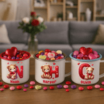 Personalised Cute Romantic Heart Cartoon Bear Initial 12 oz Enamel Mug with Name Home Decor Valentine's Day Birthday Gift for Kids Family