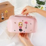 Personalized Birth Flower 3D Cartoon Girl PU Leather Portable Wide Open Makeup Bag with Name Travel Accessories Birthday Gift for Women