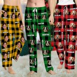 Personalized Plaid Avatar Pet Portrait Long Pajama Pants with Name and Drawstring Christmas Birthday Gift for Kid Adult Pet Lovers
