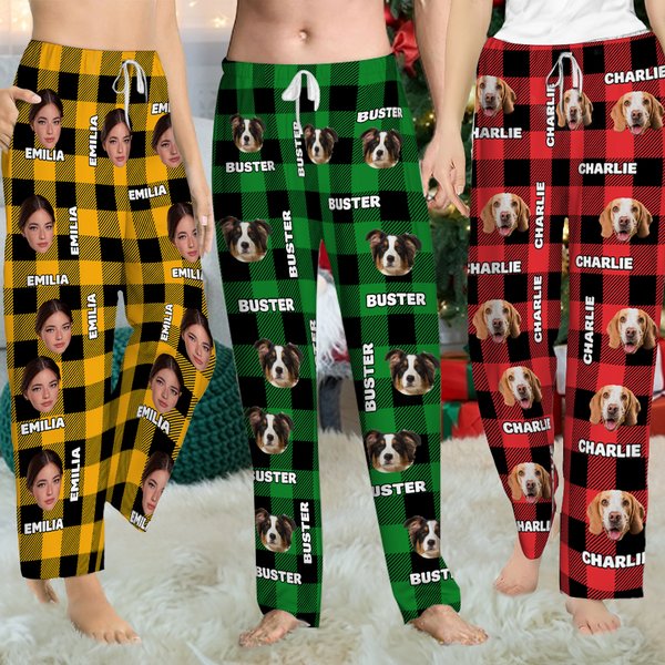 Personalized Plaid Avatar Pet Portrait Long Pajama Pants with Name and Drawstring Christmas Birthday Gift for Kid Adult Pet Lovers