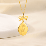 Personalized Vintage Oval Butterfly Photo Necklace with Bow Charm and Engraved Text Memorial Jewelry Birthday Anniversary Gift for  Women