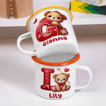 Personalised Cute Romantic Heart Cartoon Bear Initial 12 oz Enamel Mug with Name Home Decor Valentine's Day Birthday Gift for Kids Family