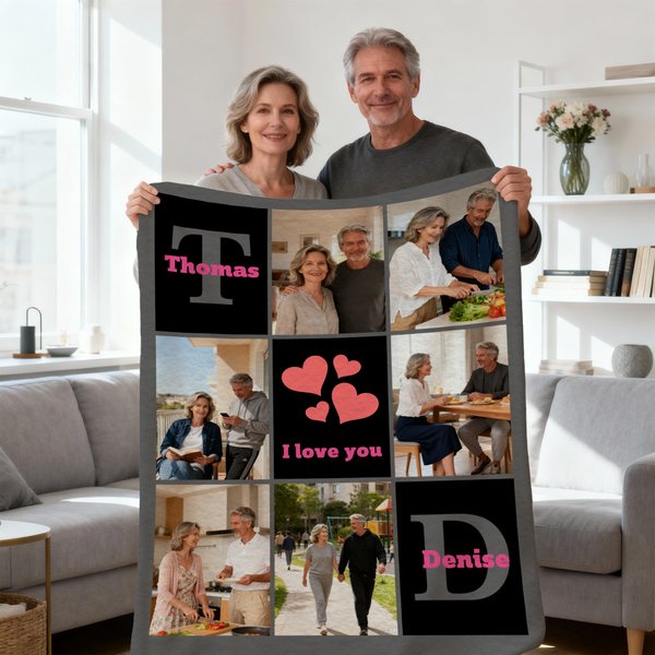 Personalized Heart 6 Photos Soft Throw Blanket with Name and Text Home Decor Valentine's Day Birthday Gift for Couple