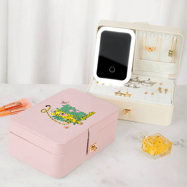 Marsupilami de Cola Larga Personalizado con Nombre Joyero Multi-Compartimentos con Espejo LED para Maquillaje Regalo de Cumpleaños para Mujer | Callie × Marsupilami