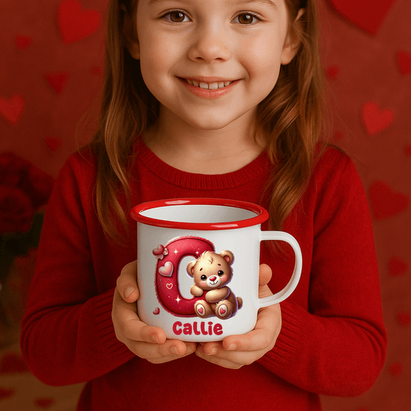 Personalised Cute Romantic Heart Cartoon Bear Initial 12 oz Enamel Mug with Name Home Decor Valentine's Day Birthday Gift for Kids Family