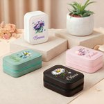 Personalised Retro Gemstone Birth Flower PU Leather Jewellery Box with Name and Adjustable Three-Colour LED Mirror Birthday Gift for Women