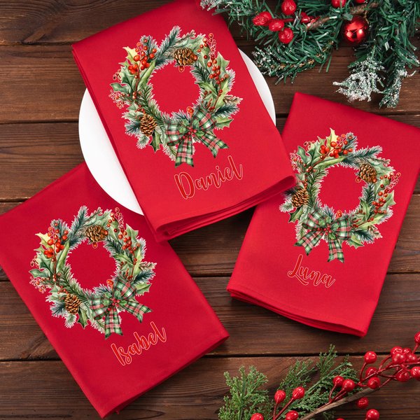 Servilleta navideña personalizada con lazo a cuadros roja de 100% algodón con nombre regalo de Navidad para familia y amigos