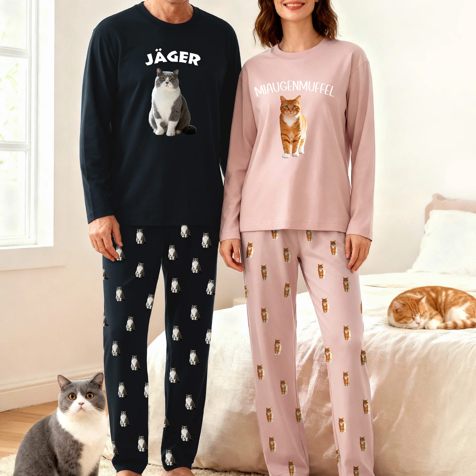 Personalisierter Schlafanzug mit Haustier-Foto und Wunschtext weiches Pyjama Set Geburtstag Geschenk für Katzen- und Hundebesitzer Damen Herren