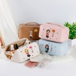 Personalized Birth Flower 3D Cartoon Girl PU Leather Portable Wide Open Makeup Bag with Name Travel Accessories Birthday Gift for Women