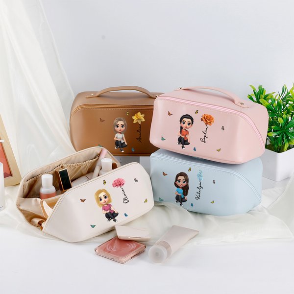 Personalized Birth Flower 3D Cartoon Girl PU Leather Portable Wide Open Makeup Bag with Name Travel Accessories Birthday Gift for Women