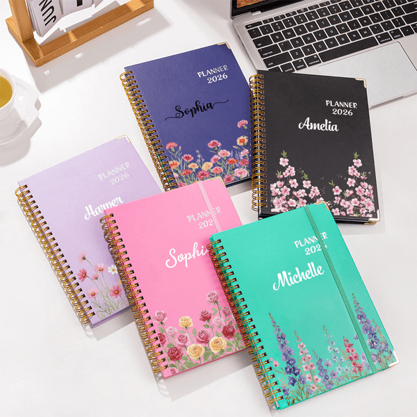 Personalized Birth Flower 2026 Planner Spiral A5 Notebook with Name and Weekly Monthly Planner Pages Birthday Gift for Family Friends