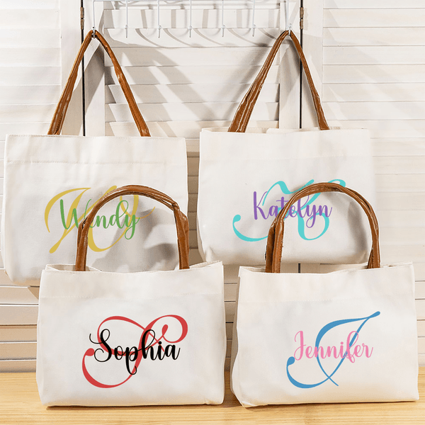Personalized Initial Name Canvas Tote Bag with PU Leather Handle Birthday Mother's Day Gift for Women Girls
