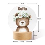 Personoitu nimellä varustettu akryylinen LED yövalo jossa on söpöjä eläinhahmoja ja kukkakransseja puinen jalusta lasten syntymäpäivä tai joululahja