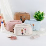 Personalized Birth Flower 3D Cartoon Girl PU Leather Portable Wide Open Makeup Bag with Name Travel Accessories Birthday Gift for Women